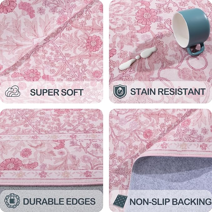 Area Rug for Living Room, 10x12 Large Washable Rugs for Dining Room, Bedroom, Non Slip Stain Resistant Carpet, Low Pile Vintage Floral Rug (Pink)