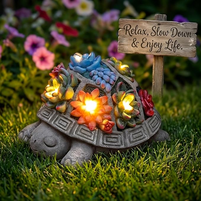 Solar Turtle Garden Outdoor Decor with Succulent & 7 LED Lights – Outside Tortoise Statue Decor for Yard Patio Balcony & Backyard - Home House Decoration Art - Gift for Men Dad Women Mom