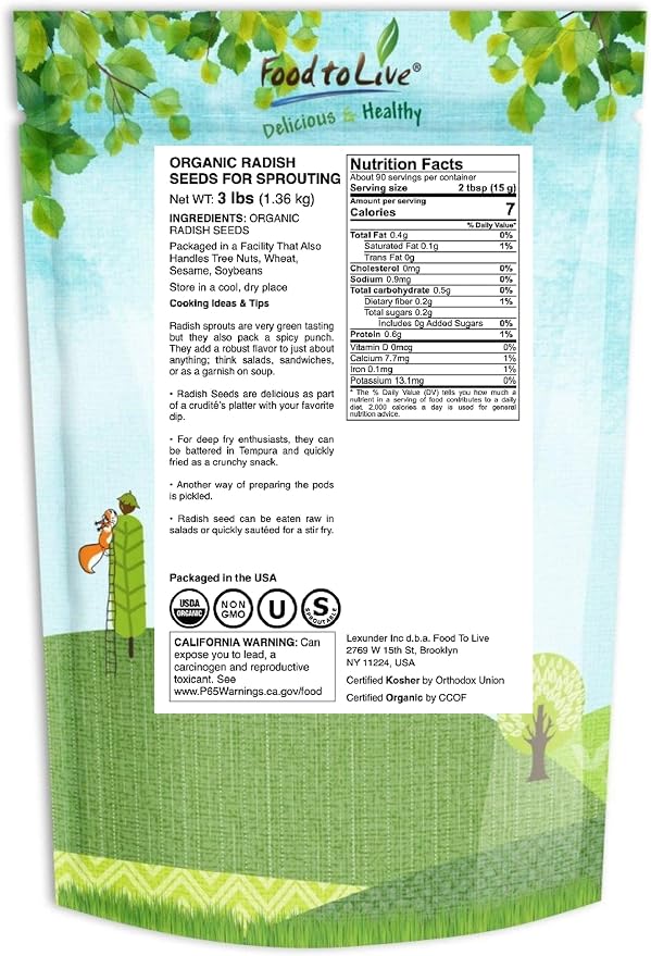 Food to Live - Organic Radish Seeds for Sprouting, 3 Pounds Non-GMO, Edible Seeds, Pure, Vegan, Kosher, Bulk. Spicy Flavor. Rich in Vitamin C. High Germitation Rate.