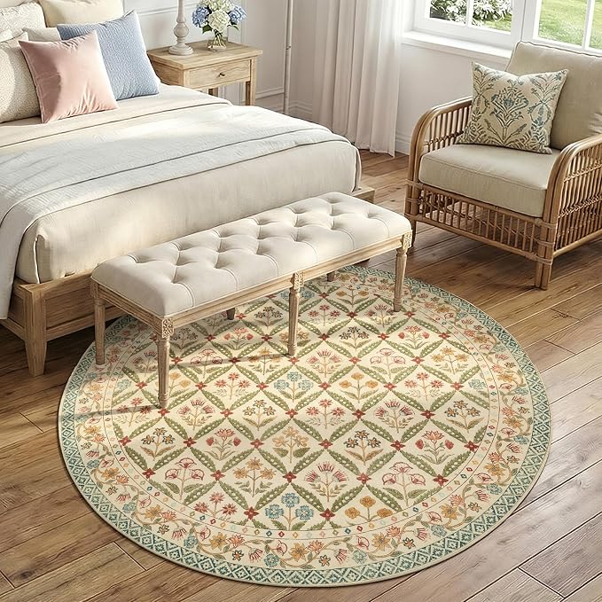 jinchan Round Rug 6ft Vintage Floral Washable Circle Area Rug, Teal Blue | Soft & Lightweight, Checkered Floral, Low Pile, Non Slip, Bedroom, Dining Room, Living Room, Girls Room, Reading Nook