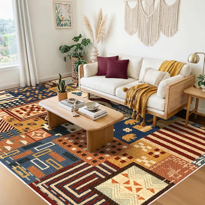 5x7 Living Room Area Rug, Washable Navy Rust Animal Patchwork Design | Soft Faux Wool Low-Pile Rug with Non-Slip TPR Backing for Living Room, Bedroom, Dining Area and Home Office