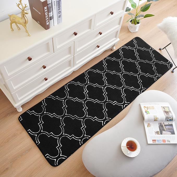Chicrug 2x6 Shag Geometric Modern Runner Rug for Bedroom Hallway | Memory Foam Indoor Runner Carpet, Fluffy Rug for Living Room Bedside Room for Family, Black and White