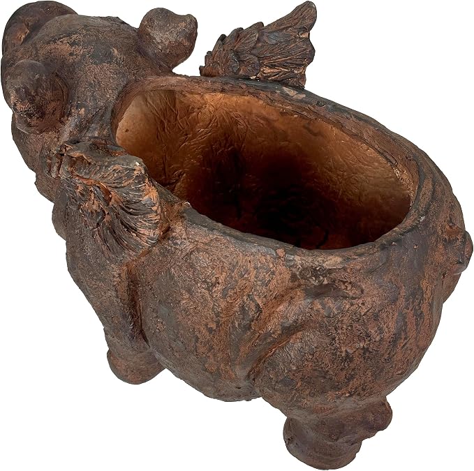 Zeckos Whimsical Flying Pig Planter with Drain Hole – 17 Inch Brown Magnesium Oxide Animal Planter for Succulents, Flowers, Indoor Outdoor Rustic Farmhouse Decor – Weather-Resistant Pig Garden Pot
