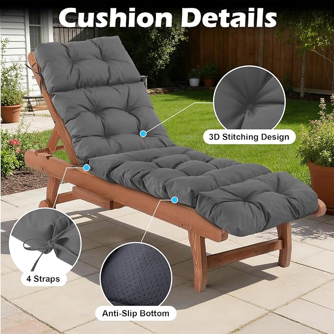 2 Pcs Chaise Lounge Cushions Outdoor,Waterproof & Fade Resistant Patio Lounge Chair Cushions for Outdoor Furniture, Chaise Cushion with Ties for Pool, Lawn and Beach, 75.1x22.8x4.7 Inch, Dark Grey