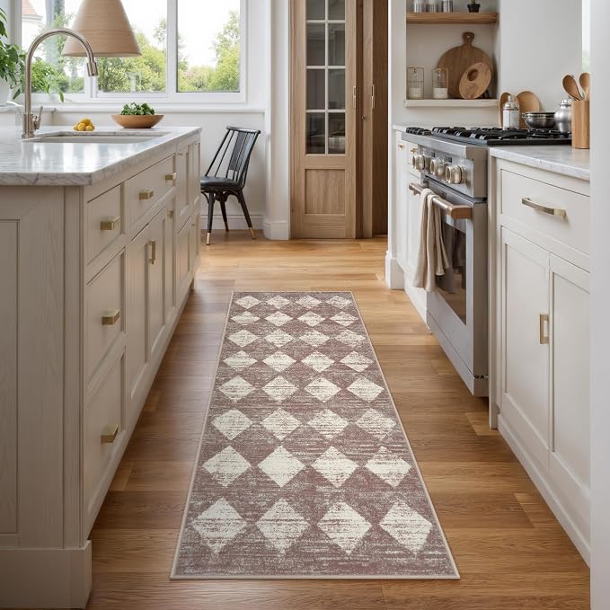 Lahome Zelie Machine Washable Bathroom Rugs Runner, 2x5 Non Slip Entryway Rugs Indoor Kitchen Runner Rug, Moroccan Trellis Non Skid Carpet Runners for Bedside Entrance Laundry Room, Beige