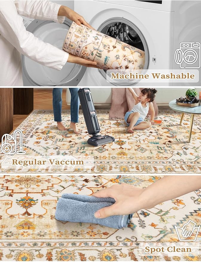 SERISSA 2'6"x10' Washable Non Slip Boho Runner Rug for Hallway，Peach Cream | Ultra Soft Vintage Oriental Carpet Low-Pile Tribal Floor Carpet for Kitchen Bedroom Bathroom Laundry Room