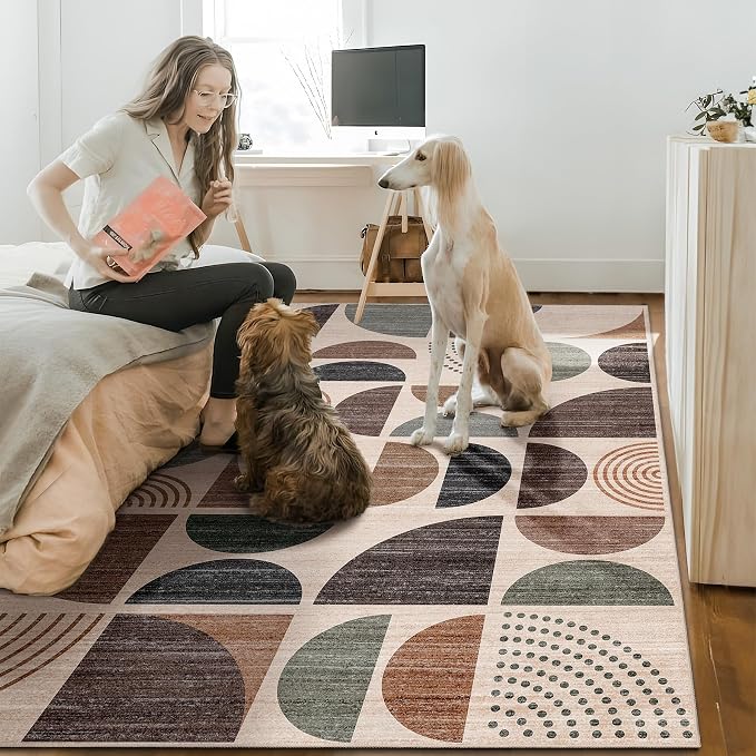 Washable Rug 8x10,Large Area Rugs Non Slip Modern Abstract | Throw Carpet for Living Room Bedroom Bedside Dining Room Boho Soft Low Pile Floor Indoor Bohemian Brown