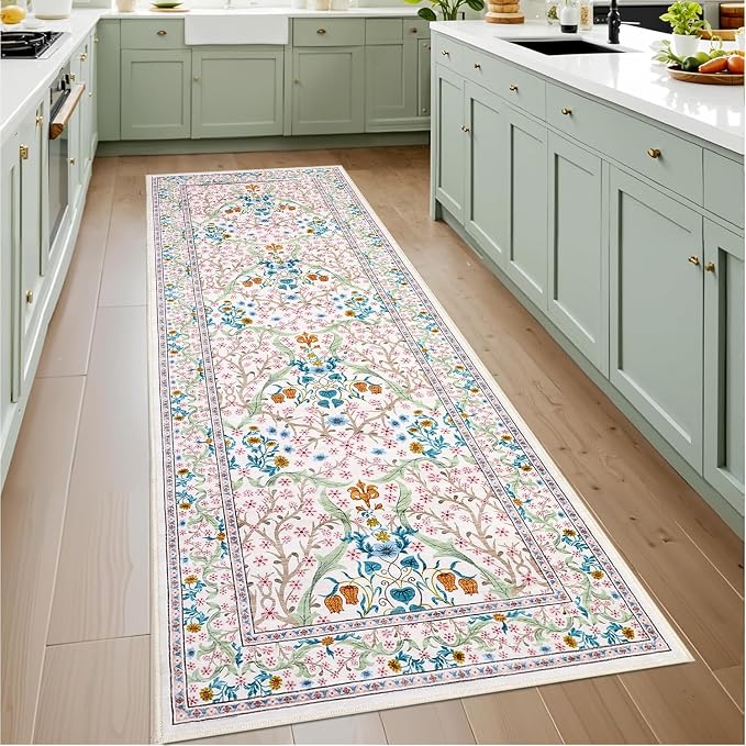 GarveeHome 2x6 Runner Rugs, Washable Rug for Hallway Pink Non Slip, Ultra-Thin Boho Soft Kitchen Runner Rug Botanical Carpet for Entryway, Laundry Room, Bedroom