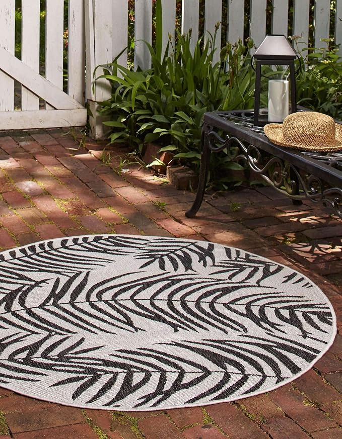 Unique Loom Outdoor Botanical Collection Area Rug - Palm (4' 1" Round, Charcoal Ivory/ Gray)