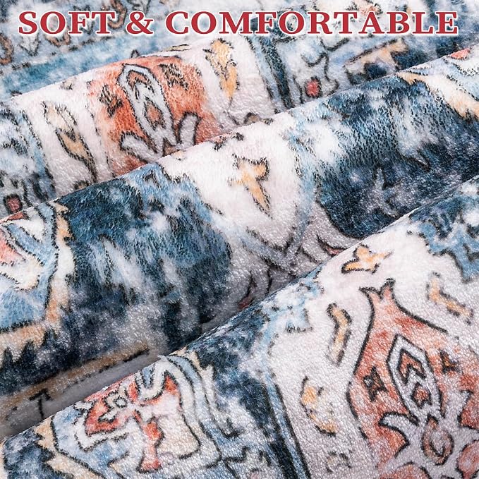 SERISSA 2x3 Washable Non Slip Floral Boho Small Area Rug for Entryway | Ultra Soft Vintage Oriental Carpet Low-Pile Blue Orange Indoor Mat for Bedroom Kitchen Bathroom Entrance Floor