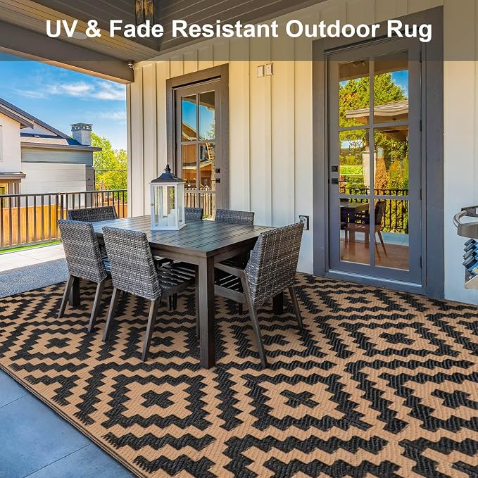 Outdoor Patio Plastic Straw Rug - 9x12 ft Outdoor Camping Rug Waterproof Reversible, Area Carpet Patios RV, Outside Porch Balcony Deck for Camper, Black & Brown