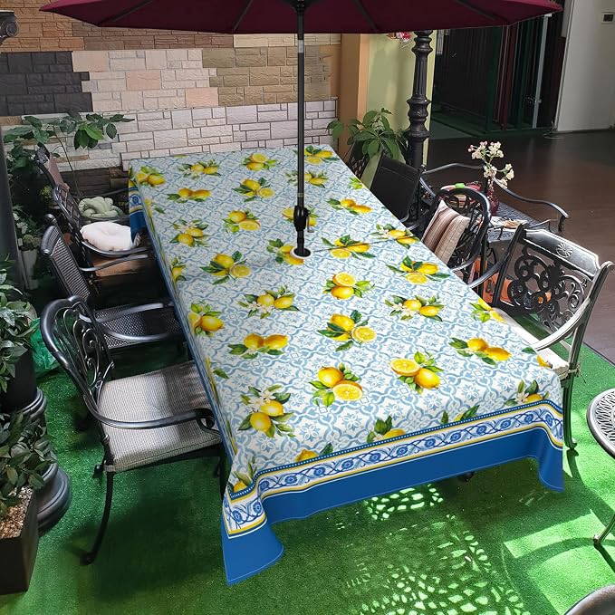 Lemon Outdoor Tablecloth with Umbrella Hole 60" x 102" Waterproof Zipper Table Cloth for Garden - Ideal Patio Table Cover for Picnics, Camping, and Yard Use
