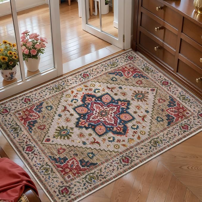 Tangsoo Vintage Small Area Rug, 2x3 Washable Rugs for Entryway Non Slip | Oriental Indoor Front Door Rug Mat, Soft Low Pile Small Carpet Throw Rugs for Entry Entrance Kitchen Bedroom Beige/Red