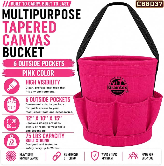 Graintex Tapered Canvas Bucket 12"x10"x15", Utility Tool Bucket 6 Pockets Outside, Reinforced Base & Carry Handle, Ripstop Canvas, Multi-Purpose Bag for Jobsite & Home Use