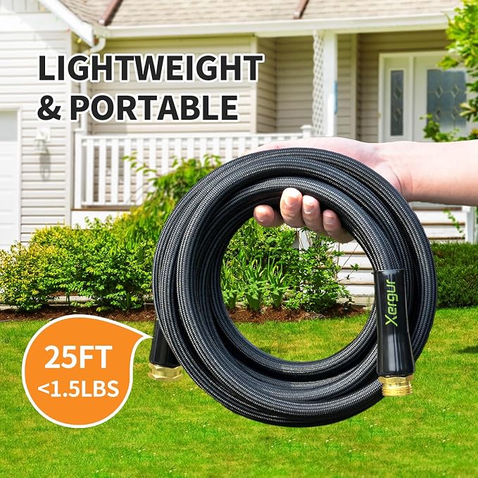 Flexible Garden Hose Water Pipe - 25FT Lightweight Garden Water Hose, Portable Patio Hose with Solid Brass Fittings and Double Latex Core for Pet Washing, Black