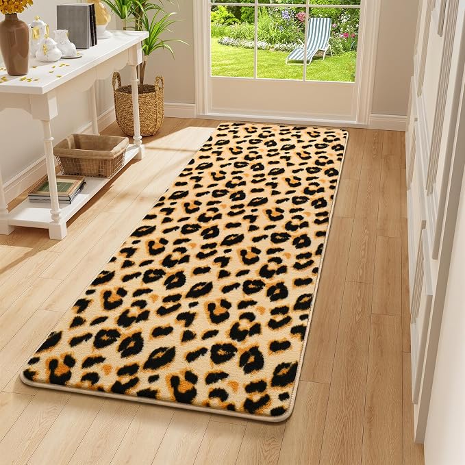 Amearea Soft Leopard Runner Rugs, 2x6 Cheetah Print Bedroom Bedside Rugs | Washable Fluffy Indoor Animal Runner Rug Carpet for Entrance Kitchen Kids Teen Room Living Room Decor, Khaki