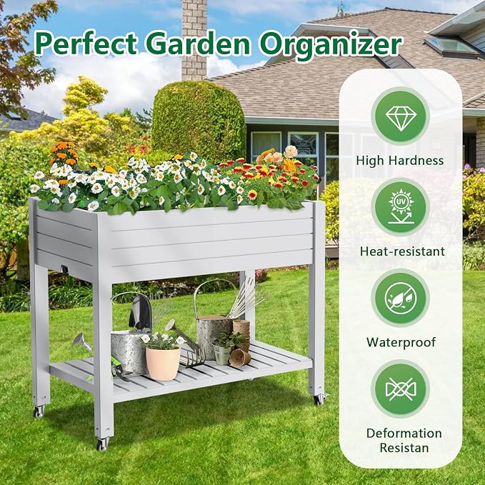 Vixzen 33.7" Tall Raised Garden Bed Outdoor with Wheels & Shelf, Divisible Resin Planter Box with Drainage Gauge, Planter Bed Box for Vegetables/Herbs, Backyard, Patio, Balcony, Ashen (33.7" H)