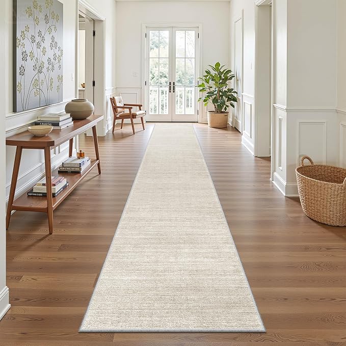 Valenrug 2x12 Runner Rug Non Slip, Washable Rug Runners for Hallways, Beige | Soft Low Pile, Thin & Lighweight Carpet, Folable Stain Resistant Modern Indoor 12ft Floor Mat for Living Room,Bedroom,Kitchen
