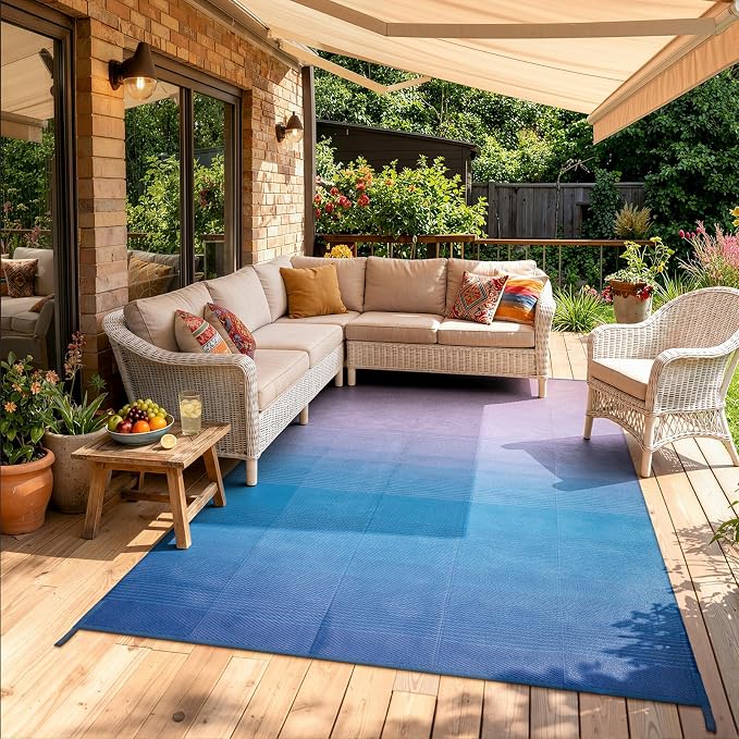 Lahome Outdoor Area Rugs 8x10 Waterproof, Large Reversible Plastic Straw Camping Rug for Patio, Lightweight Portable Outdoor Carpet for Backyard Garden Balcony, Blue Pink 8'x10'