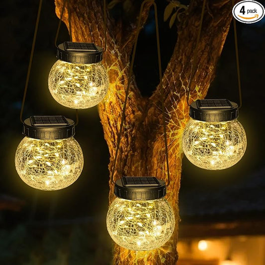 Kolpop 4 Pack Hanging Solar Lights for Outside, Cracked Glass Solar Lanterns Lights Outdoor Waterproof ,30 LED Hanging Globes Lights for Christmas Decoration, Shepherd Hook, Warm White