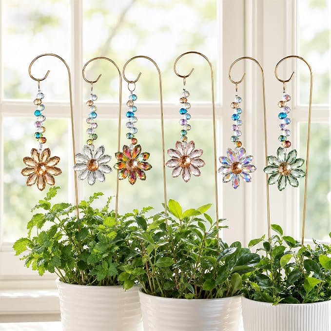 H&D HYALINE & DORA 6 Pcs Colorful Crystal Sunflower Suncatcher Plant Stake Plant Stake with Golden Small Trellis Indoor Outdoor Garden Sun Catchers Decor