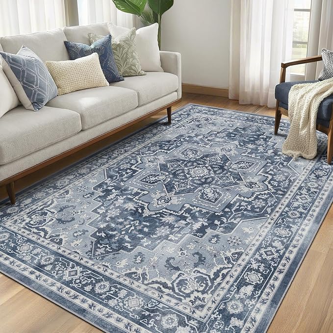 Blue Gray 5x7 Area Rugs for Living Room, Transitional Distressed Washable Non Slip Bedroom Rug, Modern Vintage Medallion Low Pile Thin Carpet Rugs for Den/Dining Room/Kitchen/Home Office