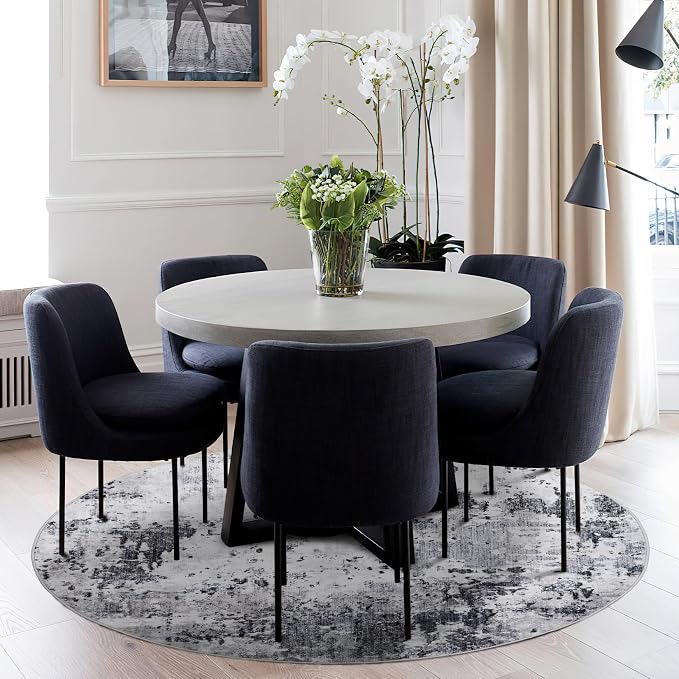 ROYHOME Modern Abstract 6x6 Round Area Rug Non Slip, Grey | Non Shedding Rug Low Pile Stain Resistant for Bedroom Living Room office Dining Room