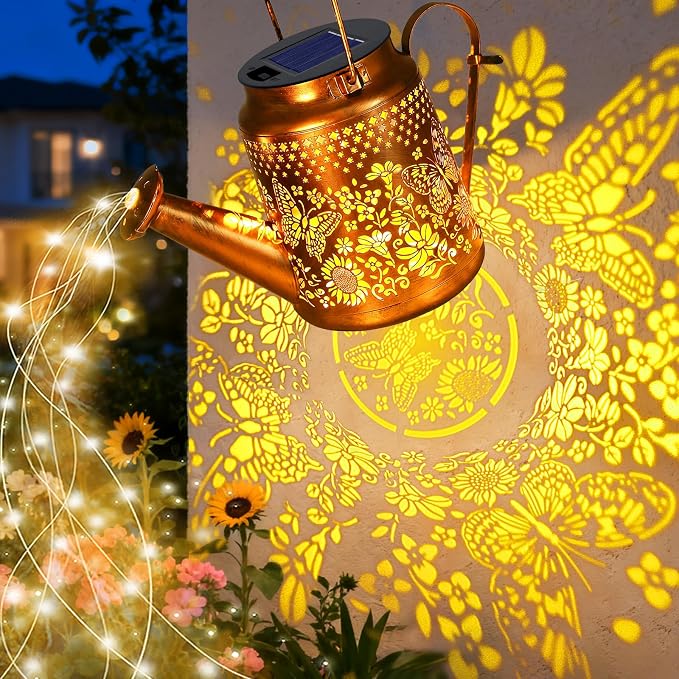 VOOKRY Solar Lights Outdoor Waterproof, Butterfly Retro Metal Solar Watering Can Lights, Gifts for Women Mom Grandma Birthday, Hanging Lantern Decorative Garden Decor for Outside Yard Lawn Patio