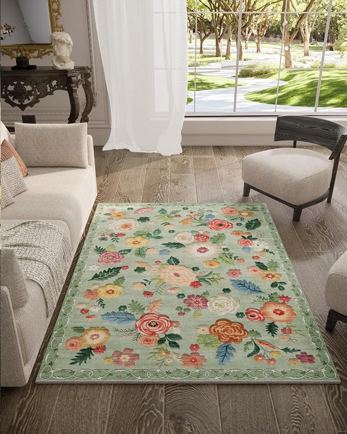 3x5 Bedroom Area Rug Washable: Throw Rugs for Entryway Floral Green Rug Non Slip Low Pile Faux Wool Non Shedding Small Carpet for Living Room Kitchen Bedside Office Dorm Kids Room Entrance Entry
