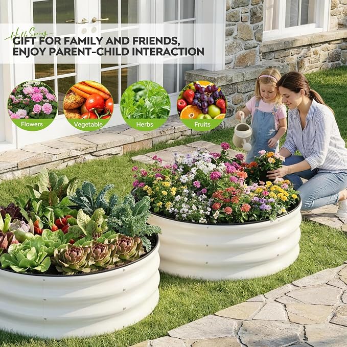 Galvanized Raised Garden Bed Outdoor, Round Metal Planter Boxes 2 Pcs, 3x3x1ft Steel Raised Bed Kit for Planting Vegetables, Fruits, Flowers(White)