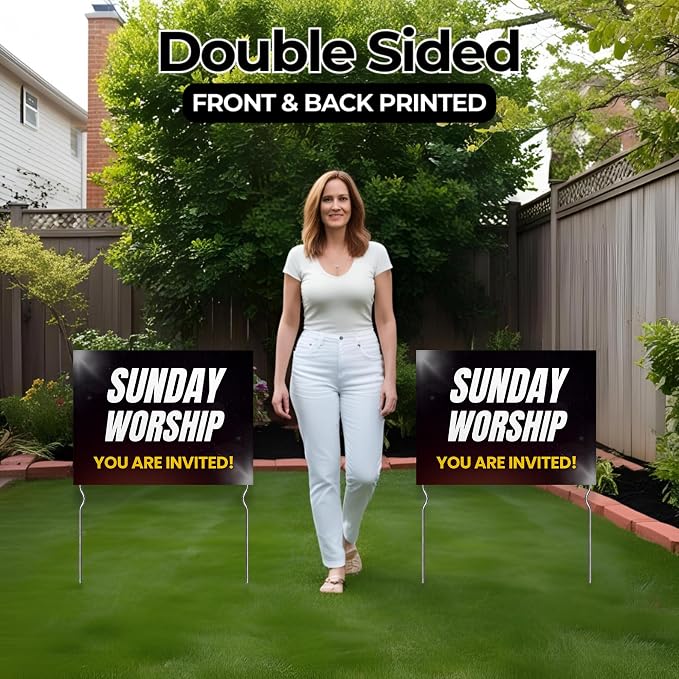 Sunday Worship - You’re Invited! Yard Sign by DC | 24"x18" Double Sided Church Garden Sign with 13” Metal Stakes | Outdoor Signs Waterproof for Lawn, Patio, Sidewalk & House | Set of 3 | Made in USA
