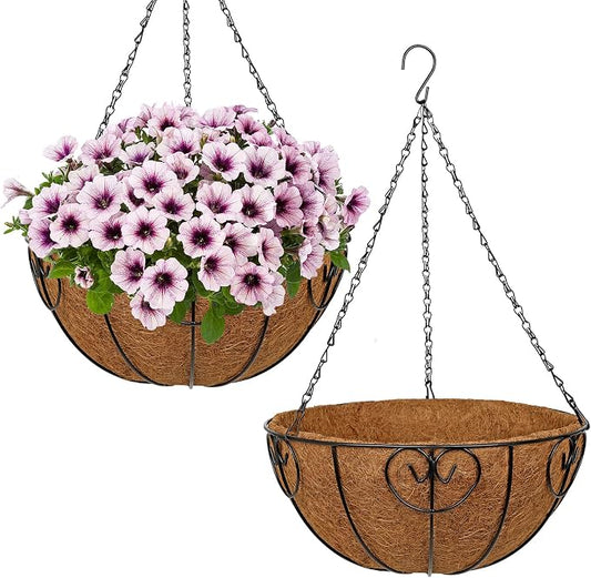 14 inch Metal Hanging Baskets for Plants Outdoor, 2 Pack Metal Wire Hanging Basket Planter with Coco Liner Flower Pots for Indoor Outdoor Garden Porch Patio, Heart-Shaped