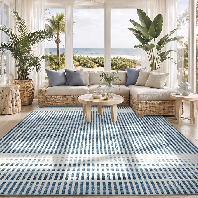 Washable 6x9 Modern Striped Area Rug, Abstract Living Room Rug | Beige Blue, Soft Low Pile, Skin Friendly, Non-Slip for High Traffic, Bedroom Vintage Coastal Nautical Style Home Decor