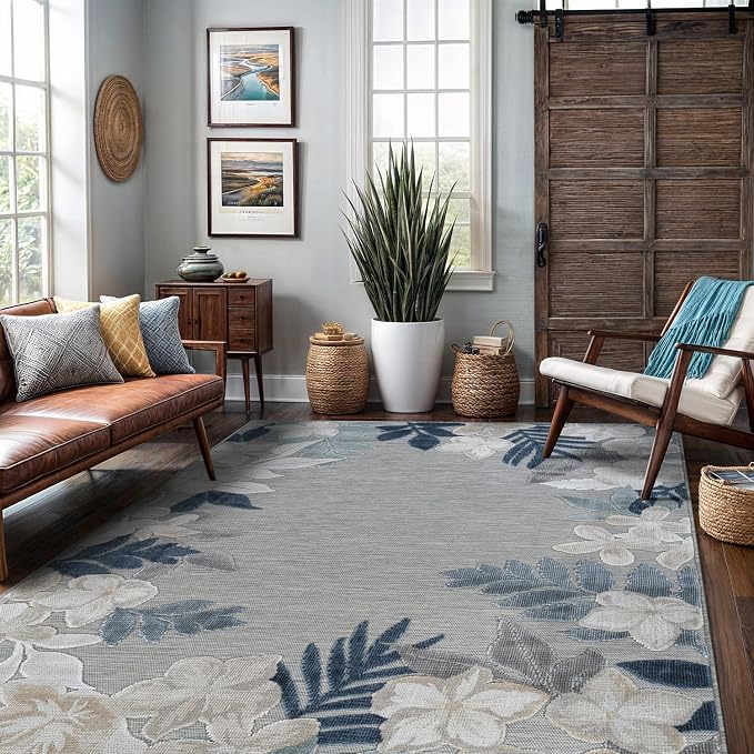 Outdoor Rug 6x9 Washable Area Rugs Indoor Outdoor Carpets Blue Border Floral Non Shedding Waterproof Easy Clean Patio Deck Porch Living Room Bedroom Garden RV (6 X 9 Blue)
