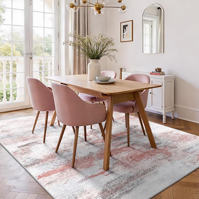 5x7 Rugs for Living Room - Modern Abstract Washable Rug, Ultra Soft Non Slip Low Pile Large Rugs, Floor Carpet for Bedroom Dining Room Office Laundry Nursery Home（Pink & Grey）