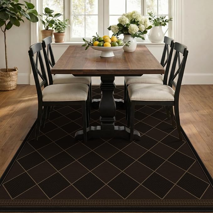 Large Dark Brown Checkered Easy Jute Outdoor Area Rug 5x7, Boho Diamond Geometric Pattern Non-Slip Living Room Patio Rug Indoor, Low Pile Stain Resistant Boho Decor Carpet for Dining Room and Office