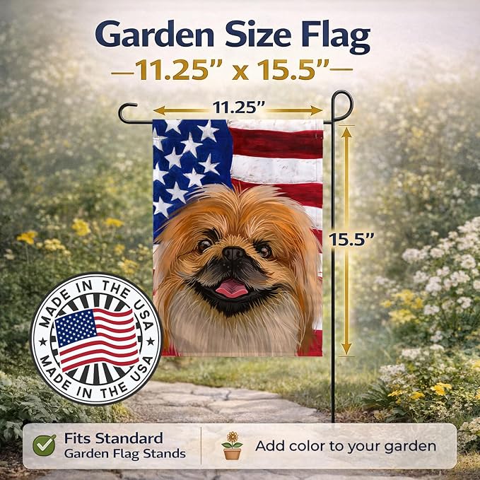 Caroline's Treasures CK6639GF Pekingese Dog American Flag Garden Flag Mailbox Flag Decorative Yard Flag Banner Outside Patio Artwork Yard Flower Beds, Garden Size, Multicolor
