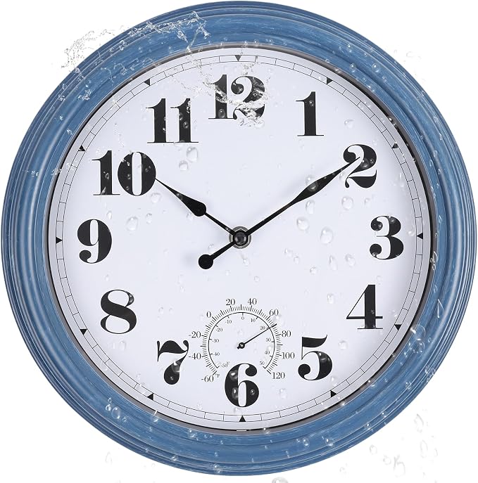 Outdoor Clock Waterproof 14 Inch Outdoor Clocks with Thermometer Combo Wall Clock Battery Operated Non-Ticking Blue Clocks for Patio Pool