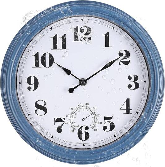Outdoor Clock Waterproof 14 Inch Outdoor Clocks with Thermometer Combo Wall Clock Battery Operated Non-Ticking Blue Clocks for Patio Pool