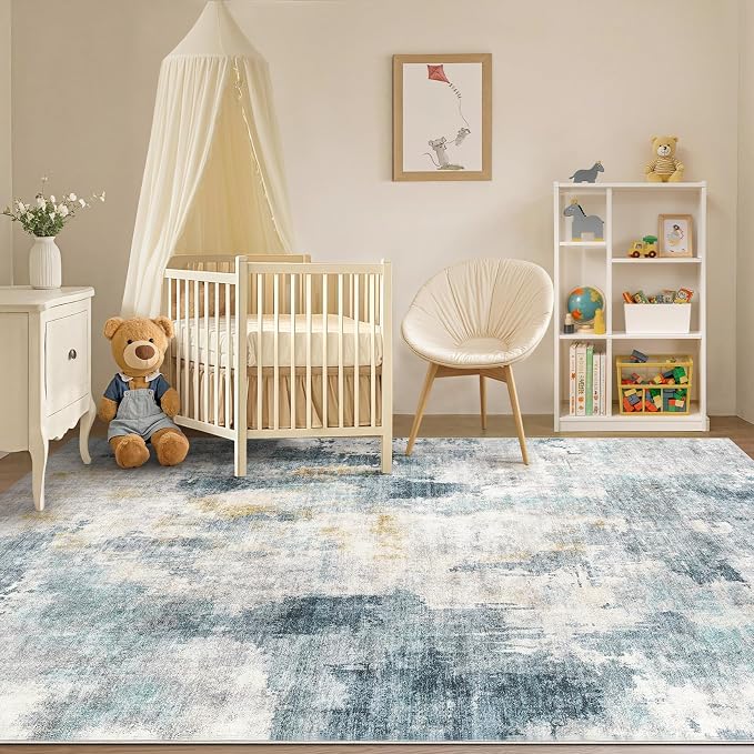 Tortania Washable 10x14 Area Rug for Living Room: Modern Abstract Neutral Large Soft Thin Rugs - Non Slip Indoor Carpet for Bedroom Dining Room Office Nursery Home Floor Decoration - Blue