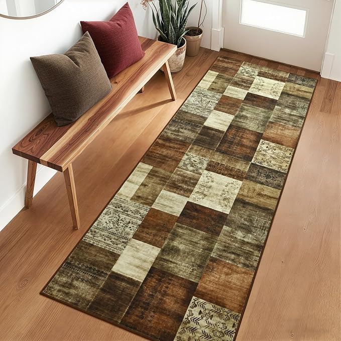 Runner Rug for for Hallways, 2'x6' Washable Kitchen Rugs with Non Slip Rubber Backing, Soft Low Pile Non-Shedding Geometric Carpet for Laundry Bedroom Bathroom, Brown
