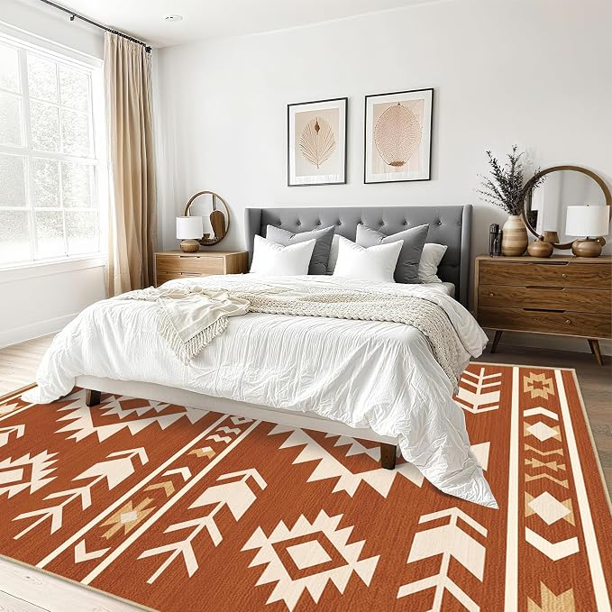 Area Rug 6x9 Western Rug Living Room Southwestern Aztec Tribal Rugs Southwest Navajo Machine Washable Non-Slip Printed Low-Pile Floor Carpet for Bedroom Dining Room Office, Yellow Brown