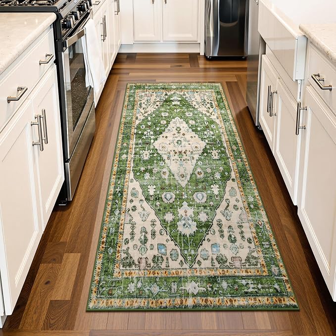 Lahome Felice Boho Tribal Runner Rug - 2x4.3 Green Bohemian Kitchen Runners Small Bedroom Rugs, Distressed Soft Washable Non Slip Throw Carpet Runner for Door Mat Laundry Room Bathroom Office Decor