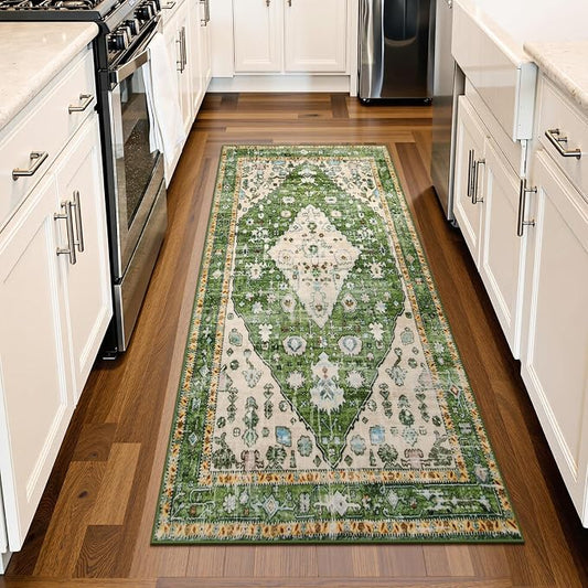 Lahome Felice Boho Tribal Runner Rug - 2x4.3 Green Bohemian Kitchen Runners Small Bedroom Rugs, Distressed Soft Washable Non Slip Throw Carpet Runner for Door Mat Laundry Room Bathroom Office Decor