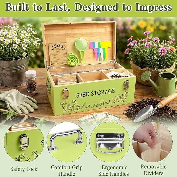 Fayoo Wooden Seed Storage Organizer Box with 40 Seed Vials & 20 Envelopes, Rustic Seed Saving Kit for Vegetable, Flower Seeds, Decorative Garden Seed Storage Container, Gardening Gifts for Women