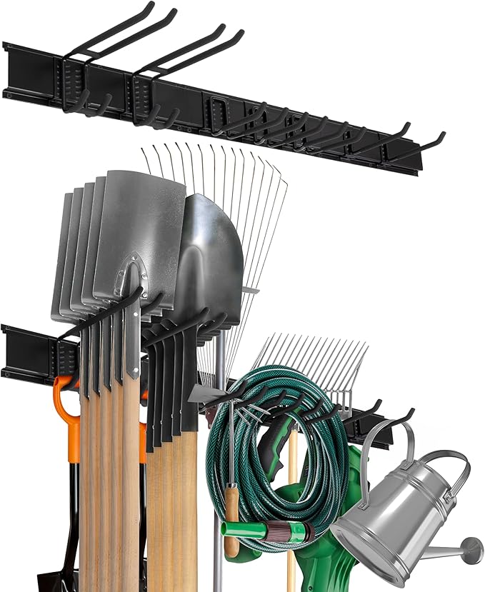 Precision Defined Garage Shovel And Rake Tool Organizer 48" 330lbs Capacity | Wall Mount Garden Tool Organizer, Garage Storage Rack, And Shed Organizer With Adjustable Hooks For Versatile Storage Options