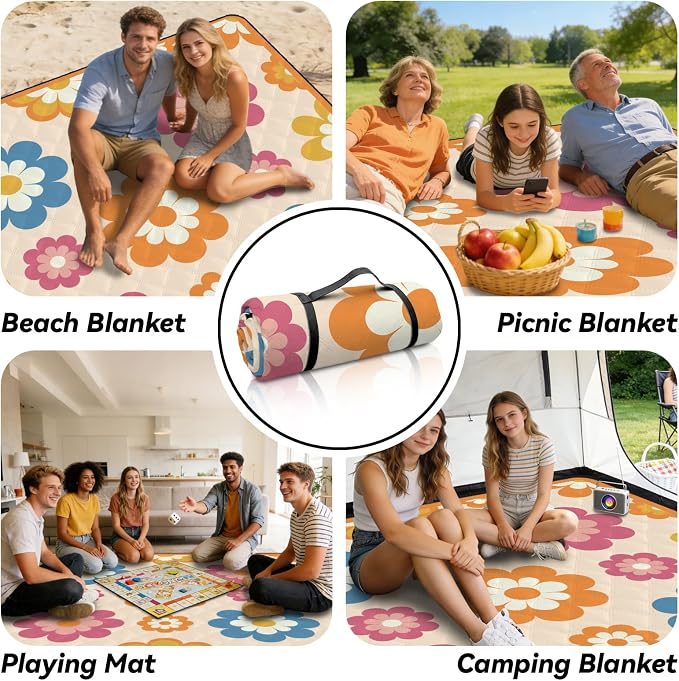 MAYJOYDIY Extra Large Picnic Blanket 79×79" Waterproof Beach Blanket with Carry Strap Foldable Travel Essential Accessories Gift for Grass Concert Park Lawn Camping Travel(Orange Flowers)