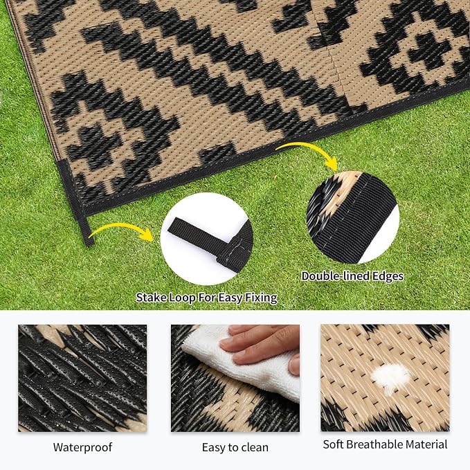 Outdoor Patio Plastic Straw Rug - 6x9 ft Outdoor Camping Rug Waterproof Reversible, Area Carpet Patios RV, Outside Porch Balcony Deck for Camper, Moden Black Beige