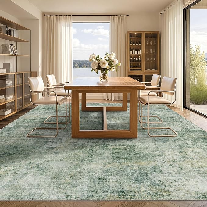 Tortania Washable 8x10 Area Rug for Living Room: Modern Abstract Neutral Large Soft Thin Rugs - Non Slip Indoor Carpet for Bedroom Dining Room Office Nursery Home Floor Decoration - Olive Green