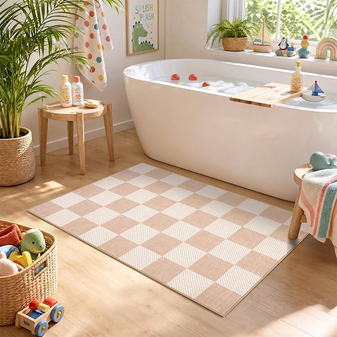 GarveeHome Checkered Blush Beige 2x3 Washable Rug Low-Pile Small Door Mat | Blush Beige Soft Stain Resistant Rug for Entryway Bedroom Bathroom Kitchen Non-Slip Geometric Modern Rug TPE Backing